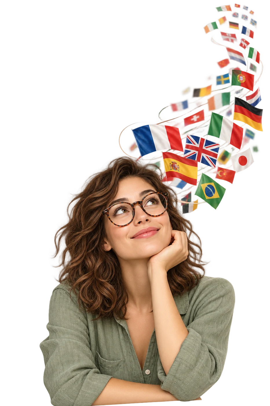 A woman in glasses imagining the flags of different countries